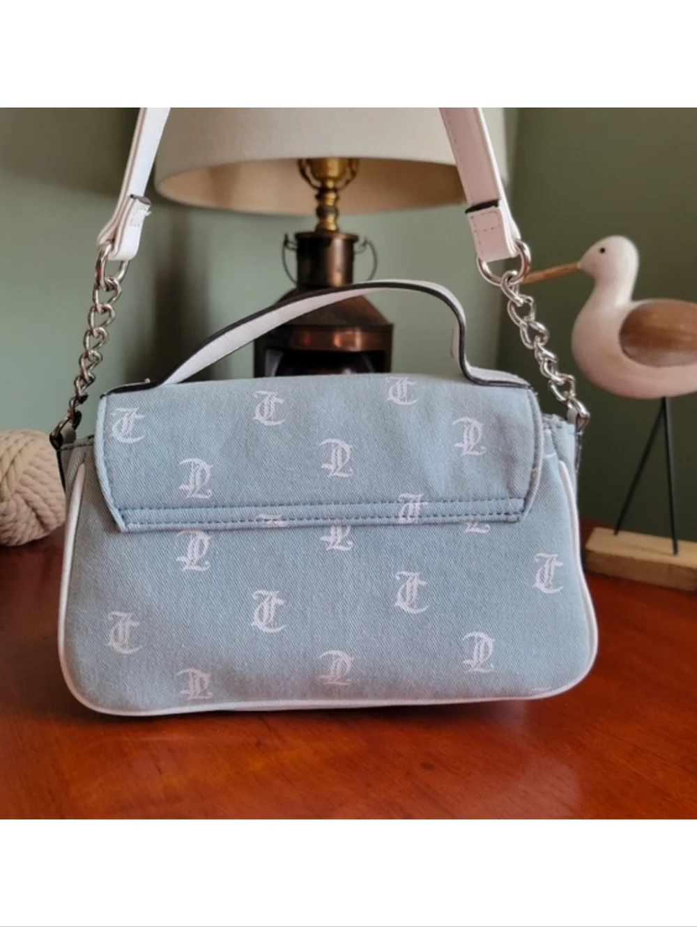 Juicy Couture Y2K Denim Monogram Blue White Crossbody Bag Vegan Leather